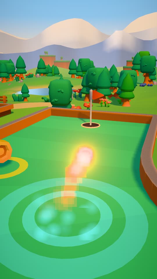 A fire-boosted ball streaking past a ramp in the sunny Meadow
