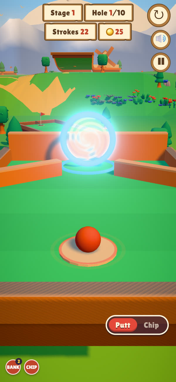 A meadow hole with stroke and coin counters, and two power card buttons in the corner