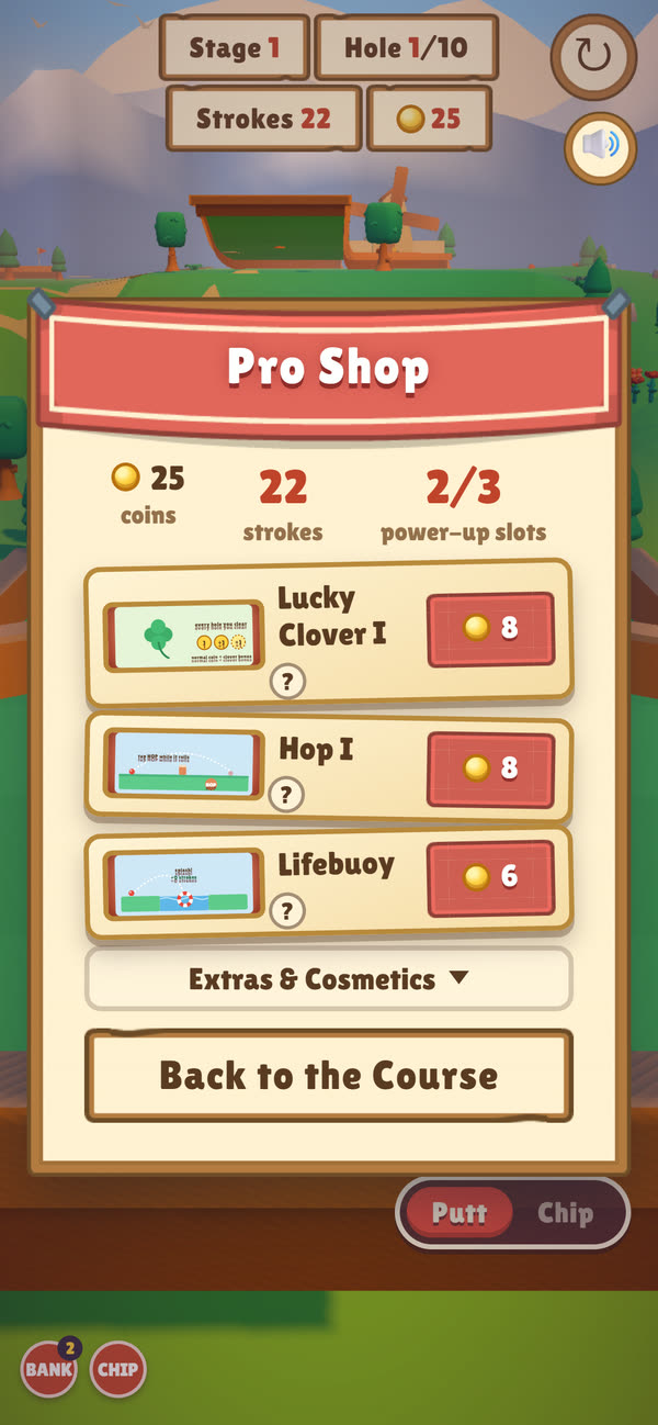 The Pro Shop showing power cards with prices, and how many of your power-up slots are in use